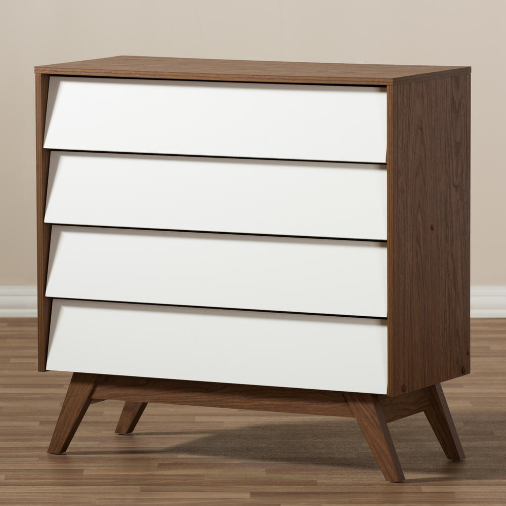 Baxton Studio Hildon MidCentury Modern White and Walnut Wood 4Drawer