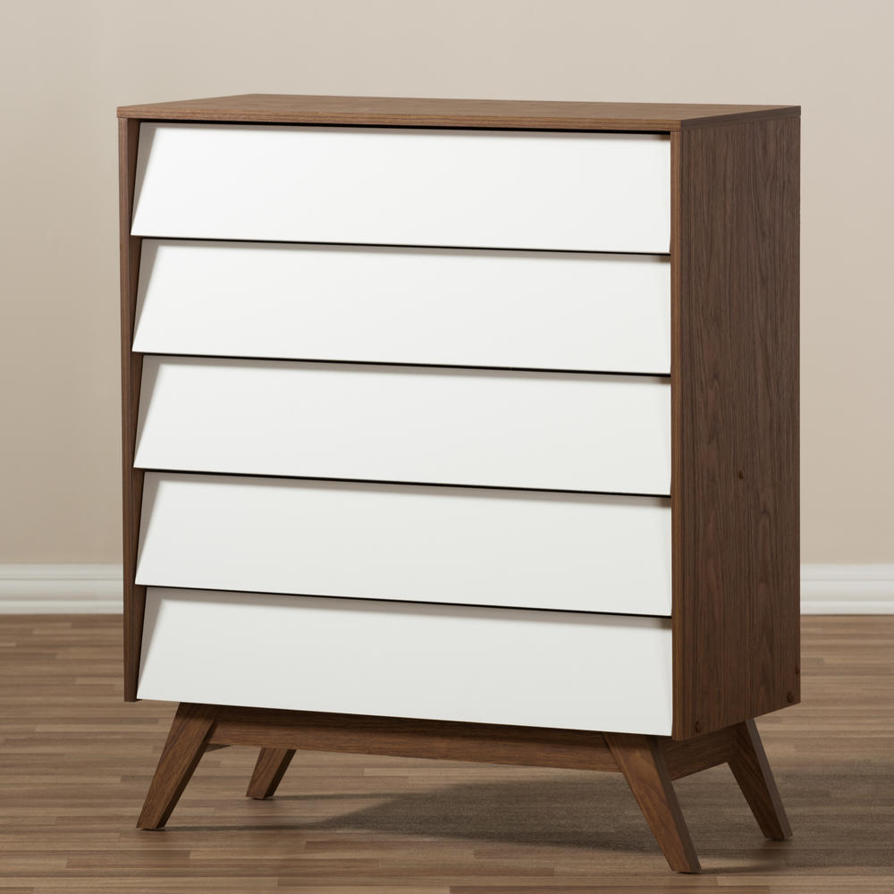 Baxton Studio Hildon MidCentury Modern White and Walnut Wood 5Drawer