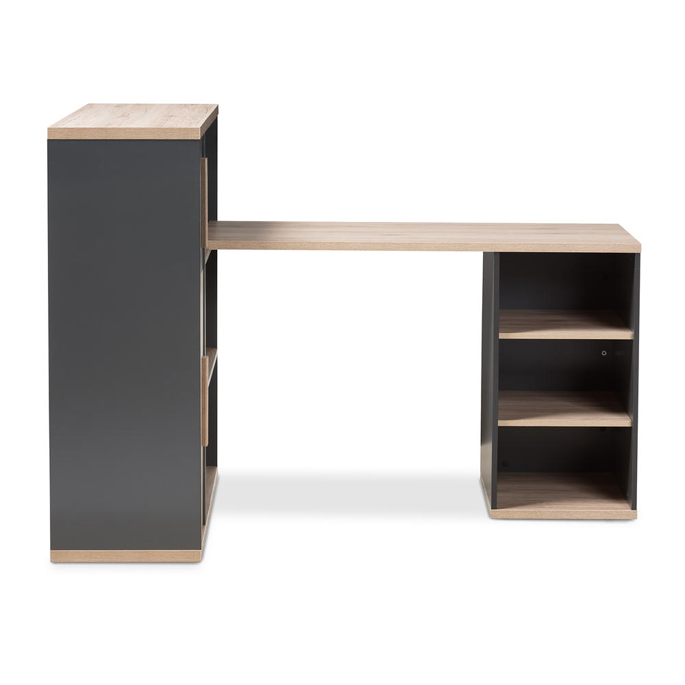 Baxton Studio Pandora Modern and Contemporary Dark Grey and Light Brown Two-Tone Study Desk with Built-in Shelving Unit