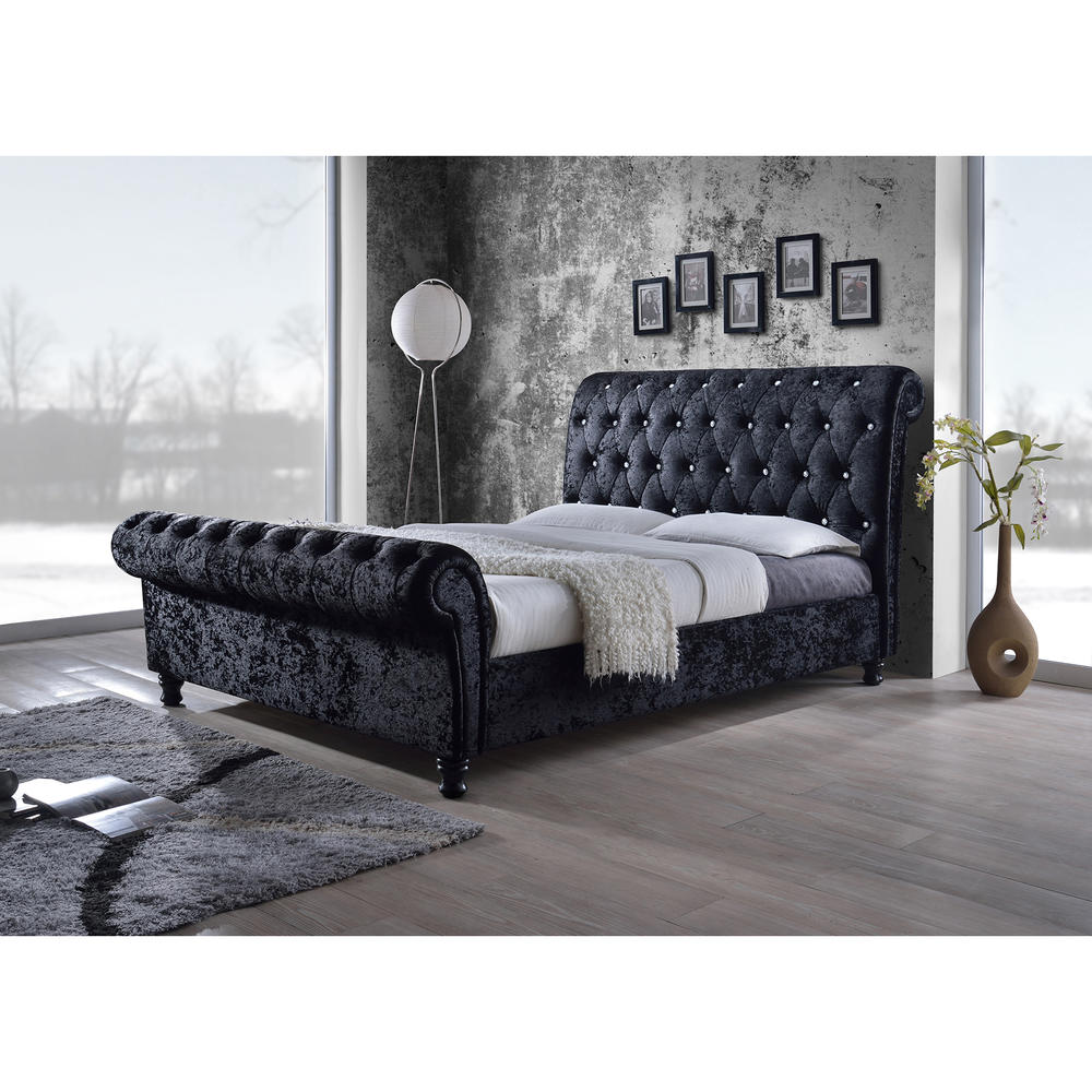 Baxton Studio Castello Black Velvet Upholstered Faux Crystal-Buttoned Sleigh Queen Platform Bed