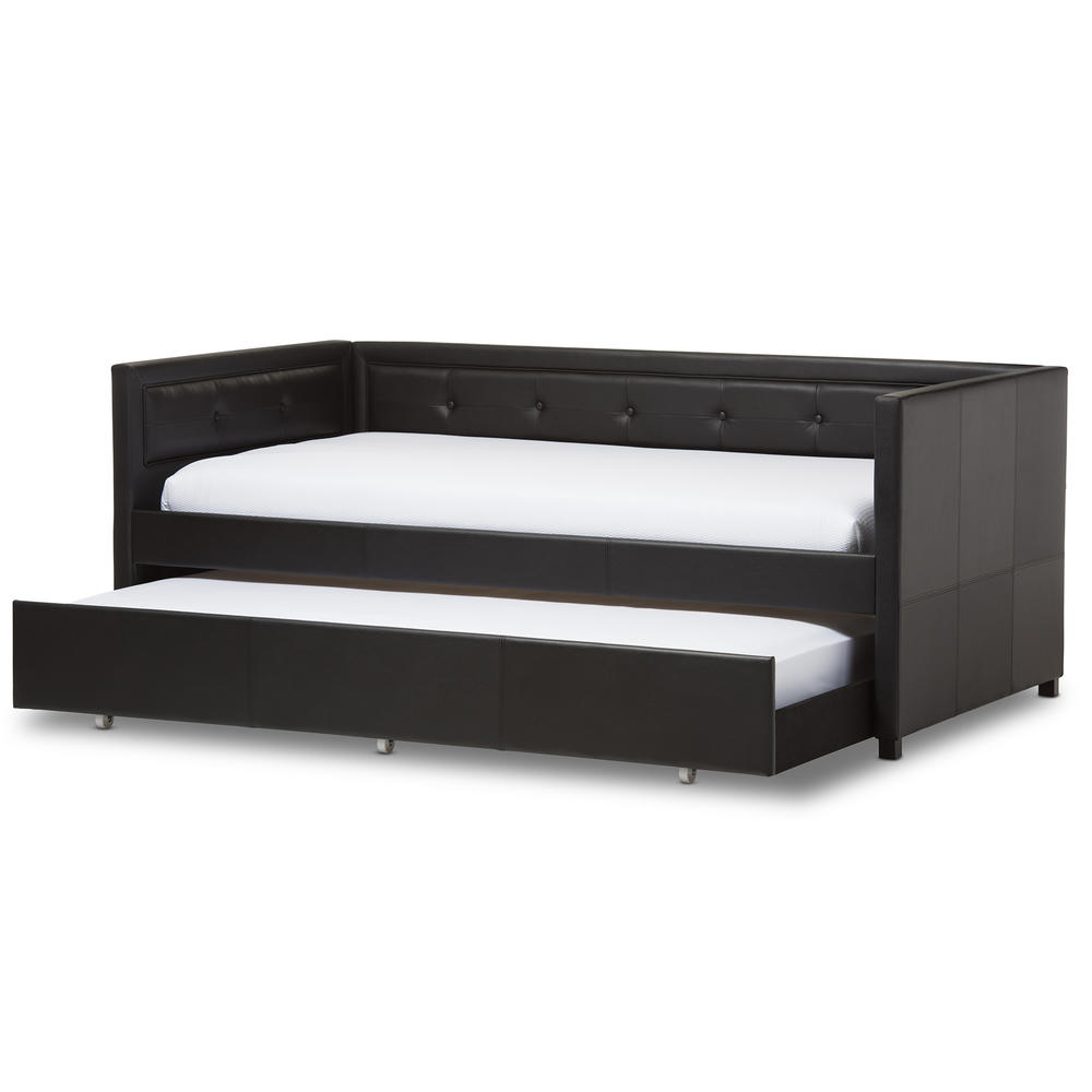 Baxton Studio Frank Modern and Contemporary Black Faux Leather Button-Tufting Sofa Twin Daybed with Roll-Out Trundle Guest Bed