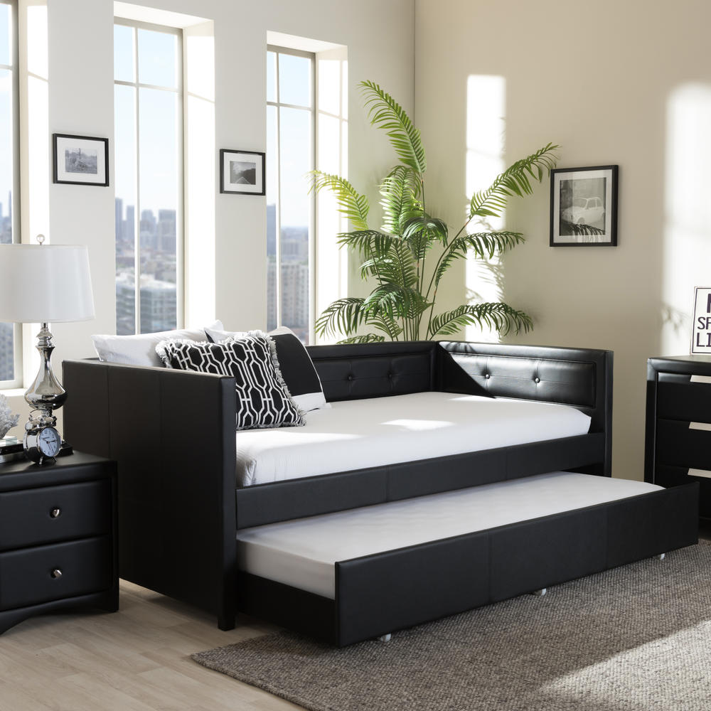 Baxton Studio Frank Modern and Contemporary Black Faux Leather Button-Tufting Sofa Twin Daybed with Roll-Out Trundle Guest Bed