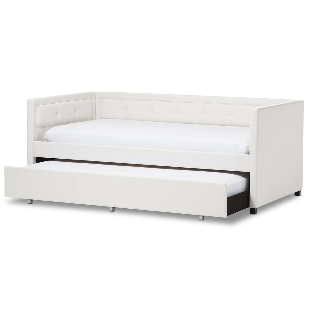 Baxton Studio Frank Modern and Contemporary White Faux Leather Button-Tufting Sofa Twin Daybed with Roll-Out Trundle Guest Bed