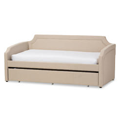 Baxton Studio Parkson-Beige-Daybed Parkson Modern & Contemporary Beige Linen Fabric Curved Notched Corners Sofa Twin Day Bed with Roll-Out Tru