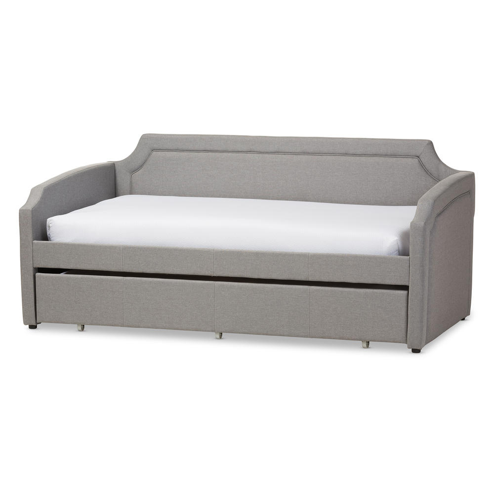 Baxton Studio Parkson Modern and Contemporary Grey Fabric Curved Notched Corners Sofa Twin Daybed with Roll-Out Trundle Guest Bed