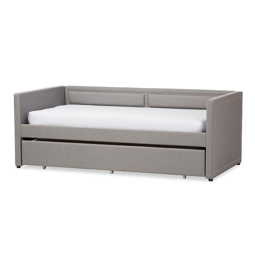 Baxton Studio Raymond Modern and Contemporary Grey Fabric Nail Heads Trimmed Sofa Twin Daybed with Roll-Out Trundle Guest Bed