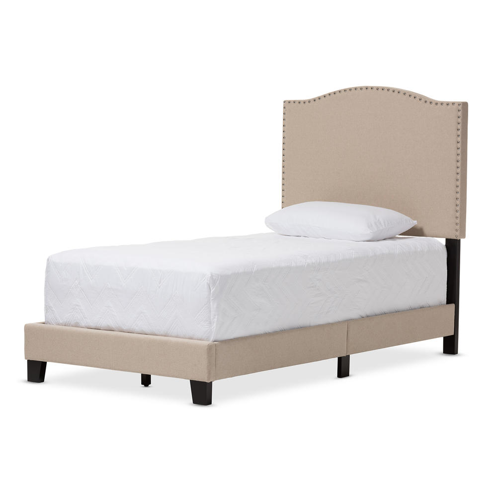 Baxton Studio Benjamin Modern and Contemporary Beige Linen Upholstered Twin Size Arched Platform Bed with Nail Heads