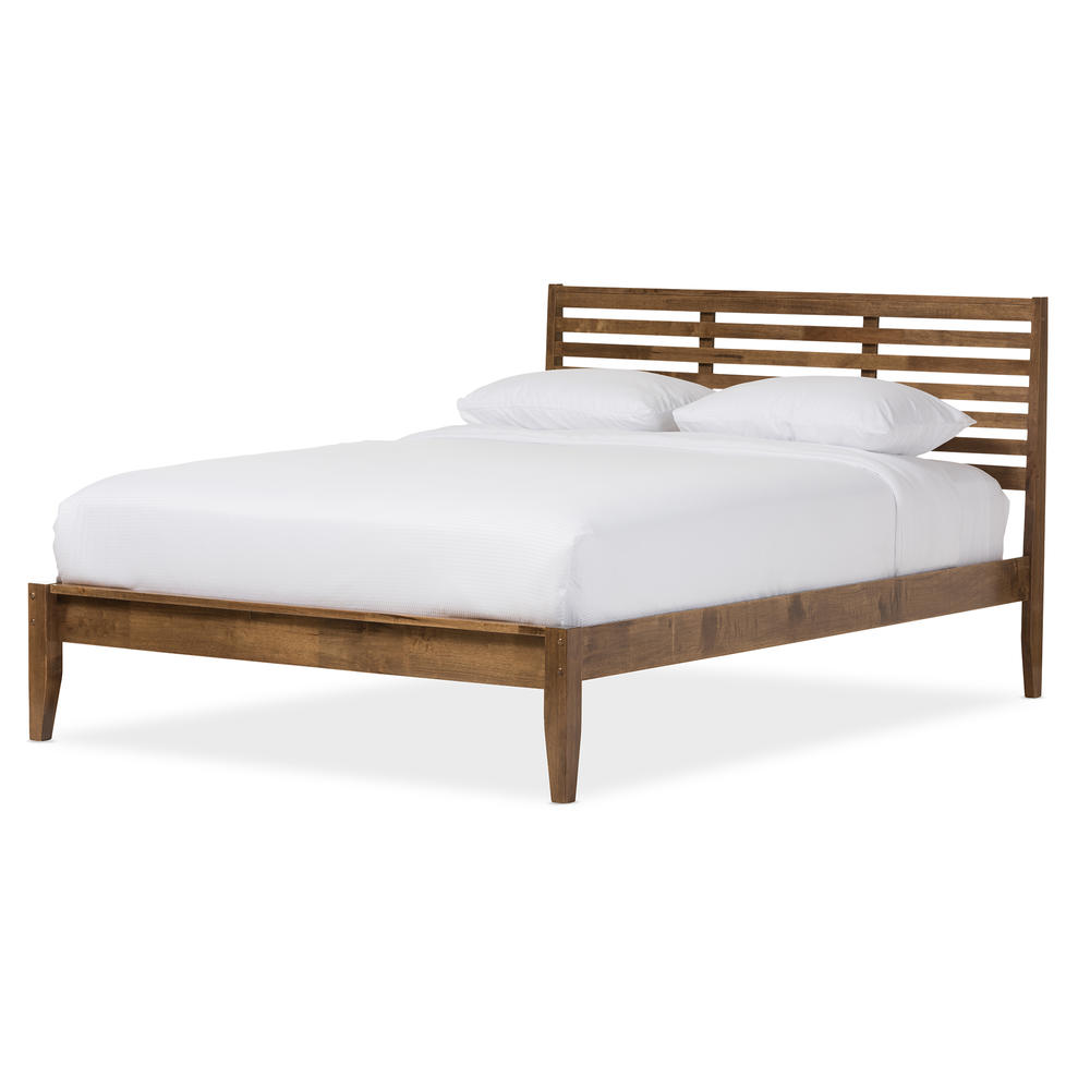Baxton Studio Daylan Mid-Century Modern Solid Walnut Wood Slatted Queen Size Platform Bed