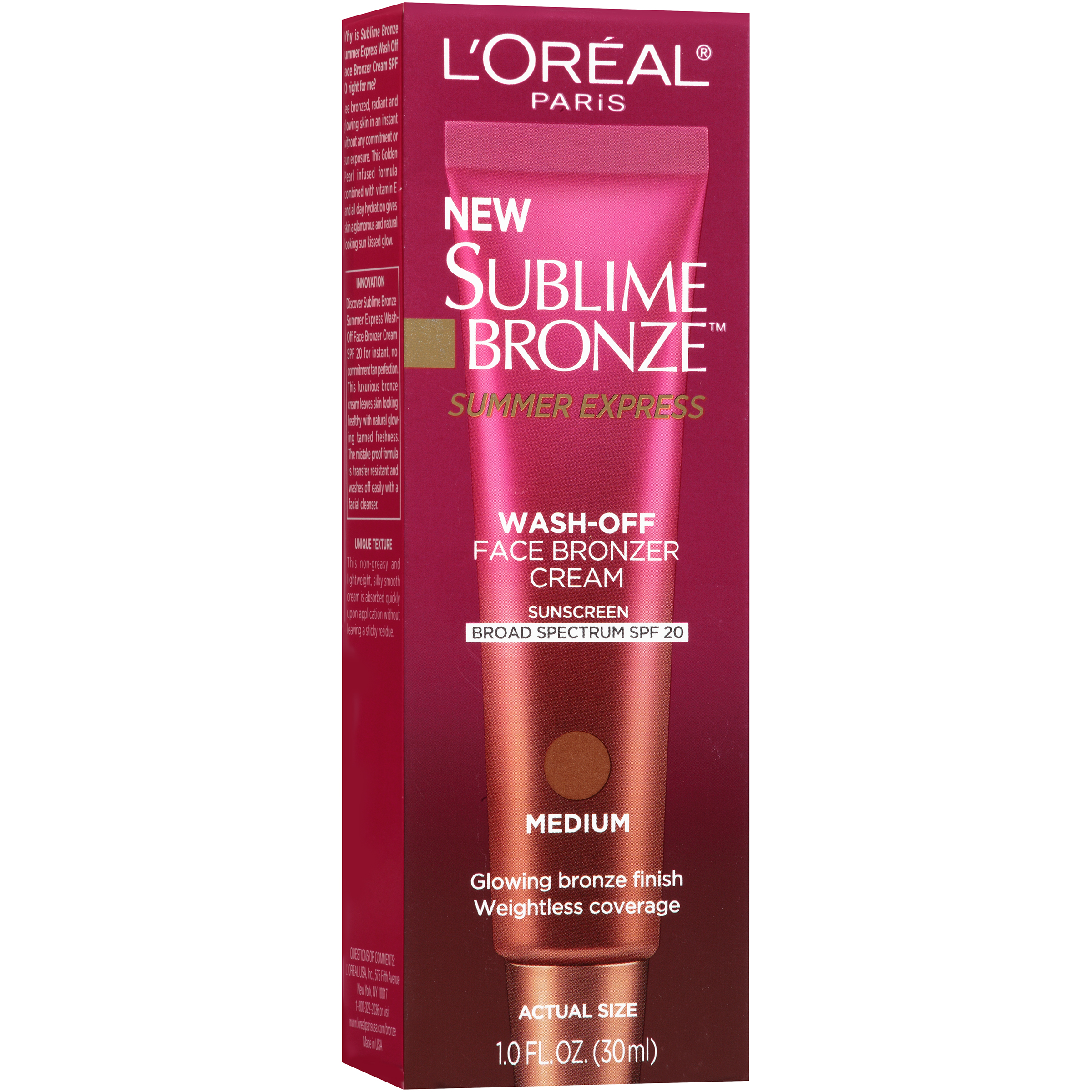 L'Oreal Sublime Summer Express Wash-Off Face Bronzer Cream, Medium SPF 20 1 fl oz