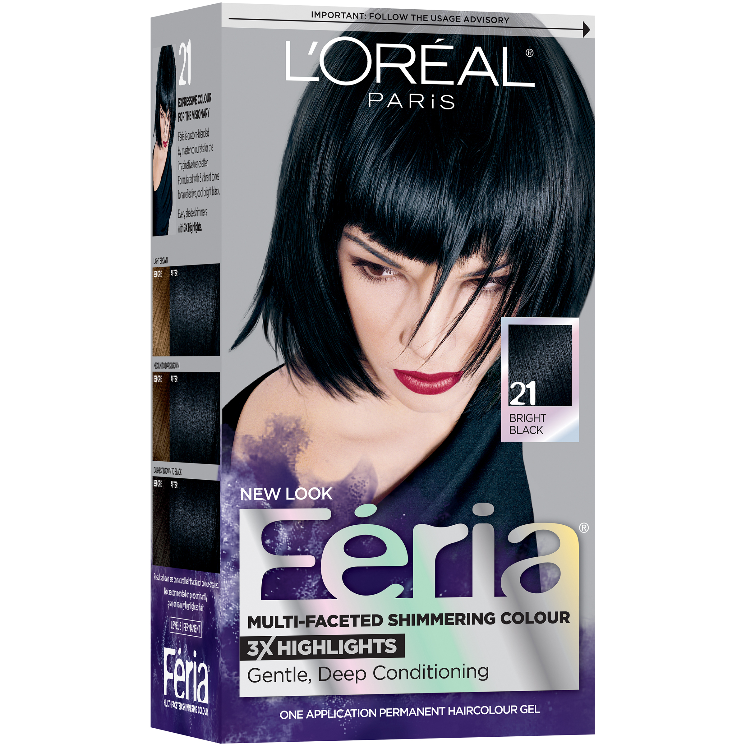 L'Oreal  Paris Feria Multi-Faceted Shimmering Permanent Hair Color, 21 Starry Night (Bright Black), 1 kit