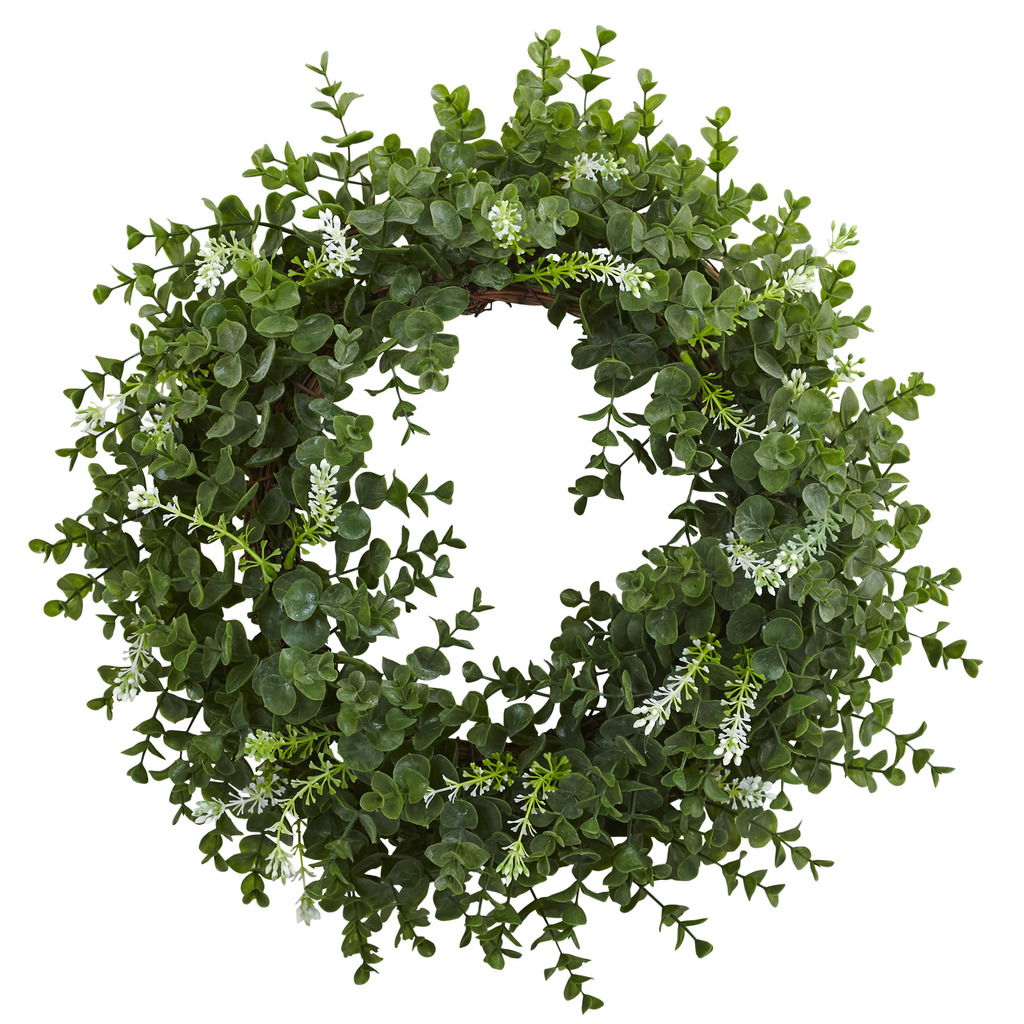 Nearly Natural 18&#8221; Eucalyptus Double Ring Wreath w/Twig Base