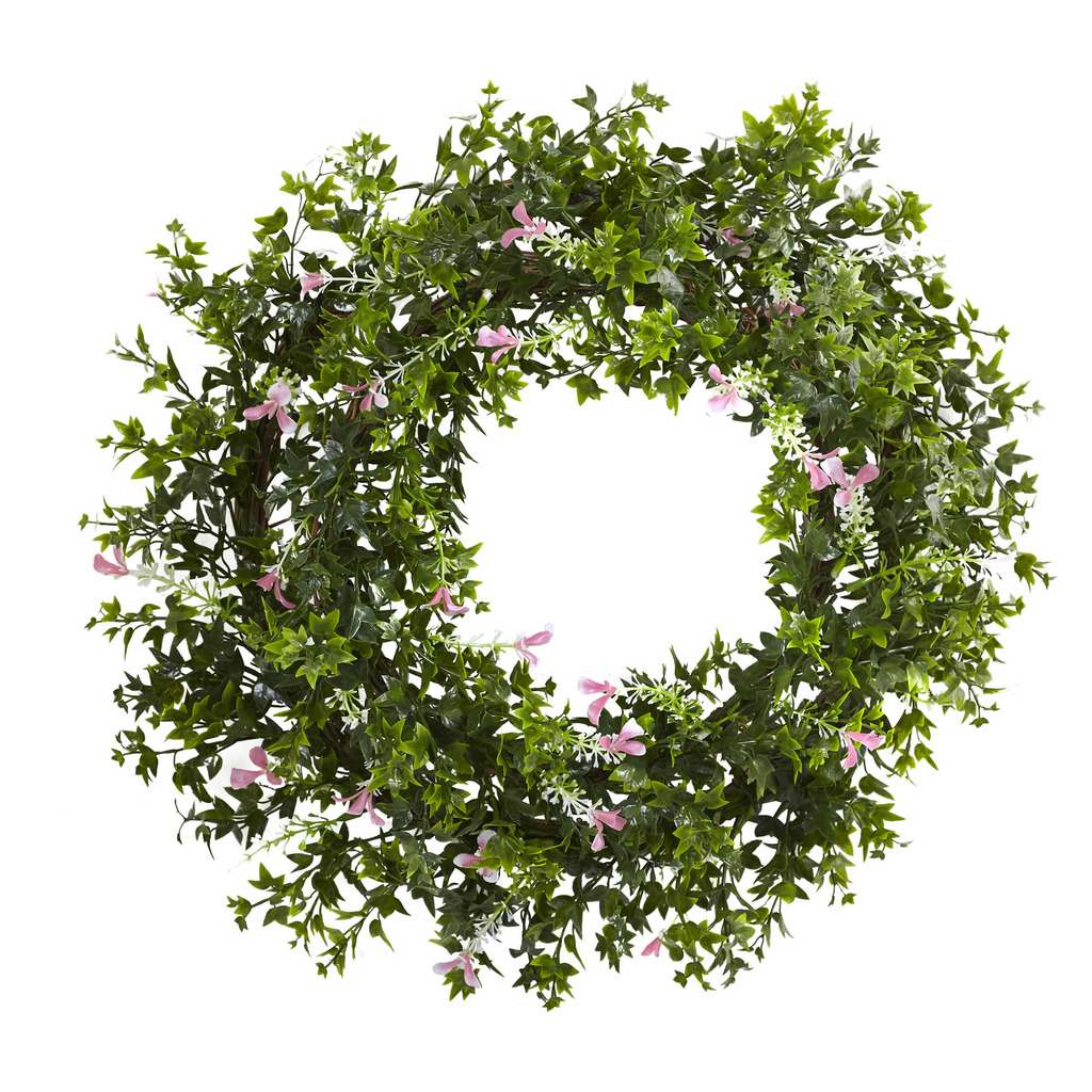 Nearly Natural 18&#8221; Mini Ivy & Floral Double Ring Wreath w/Twig Base