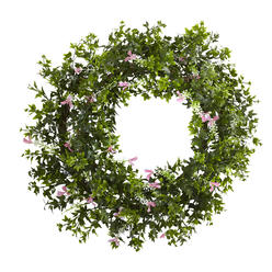 Nearly Natural 18” Mini Ivy & Floral Double Ring Wreath w/Twig Base