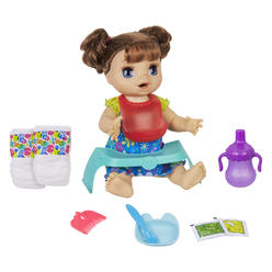 baby alive happy hungry baby brown straight hair doll, makes 50+ sounds & phrases, eats & poops, drinks & wets, for kids age 