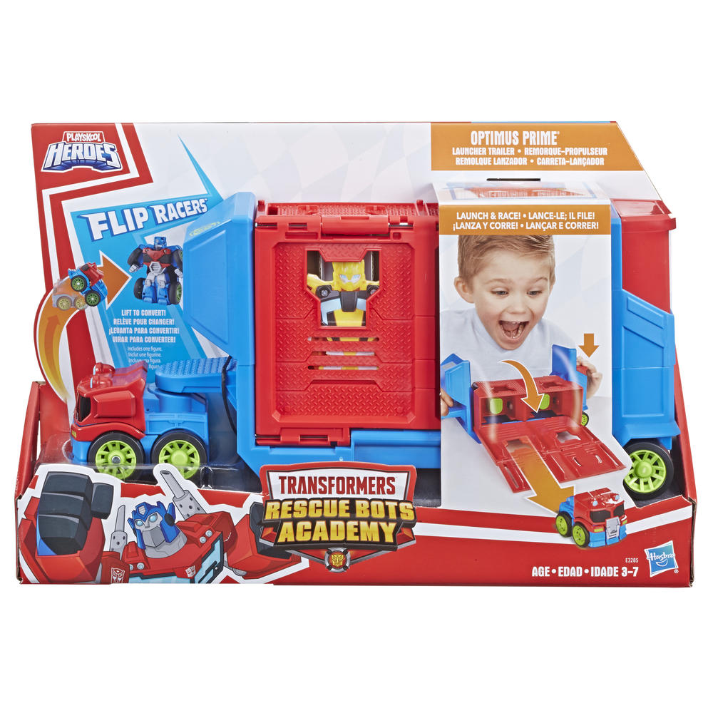 Playskool heroes transformers rescue bots flip racers optimus prime race deals track trailer