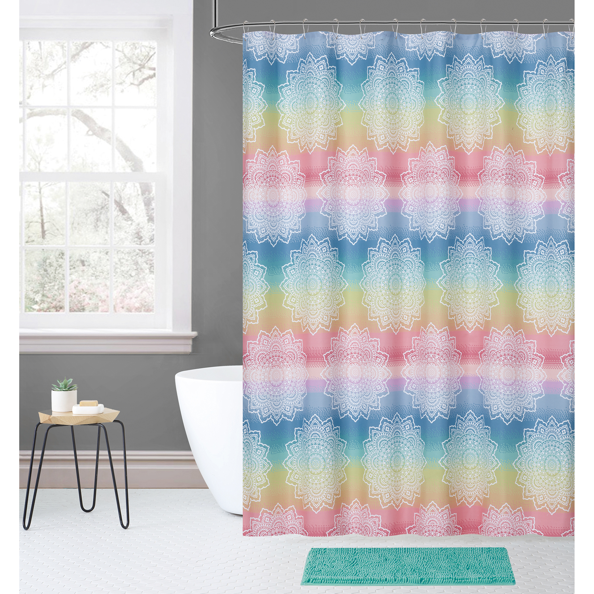 Essential Home Shower Curtain Set &#8211; Rainbow Medallion