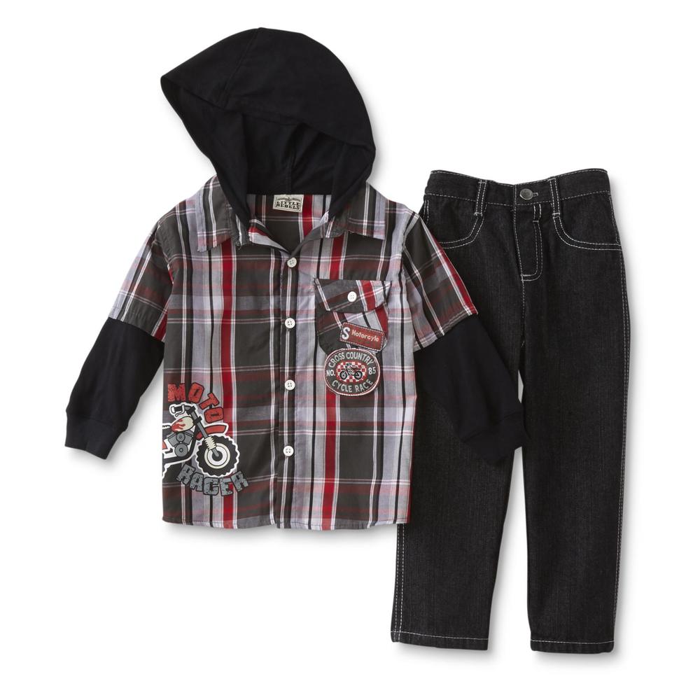 Little Rebels Toddler Boys' Hooded Shirt & Jeans - Plaid & Motorcycles
