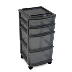 Essential Home Homz Products HOMZ Plastic 4 Drawer Medium Cart, Black Frame with Smoke Tint Drawers, Casters Included, Set of 1