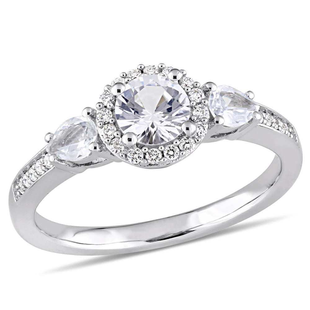 Diamore White Sapphire and 1/8 CTTW Diamond Halo 3-Stone Engagement Ring in 14k White Gold