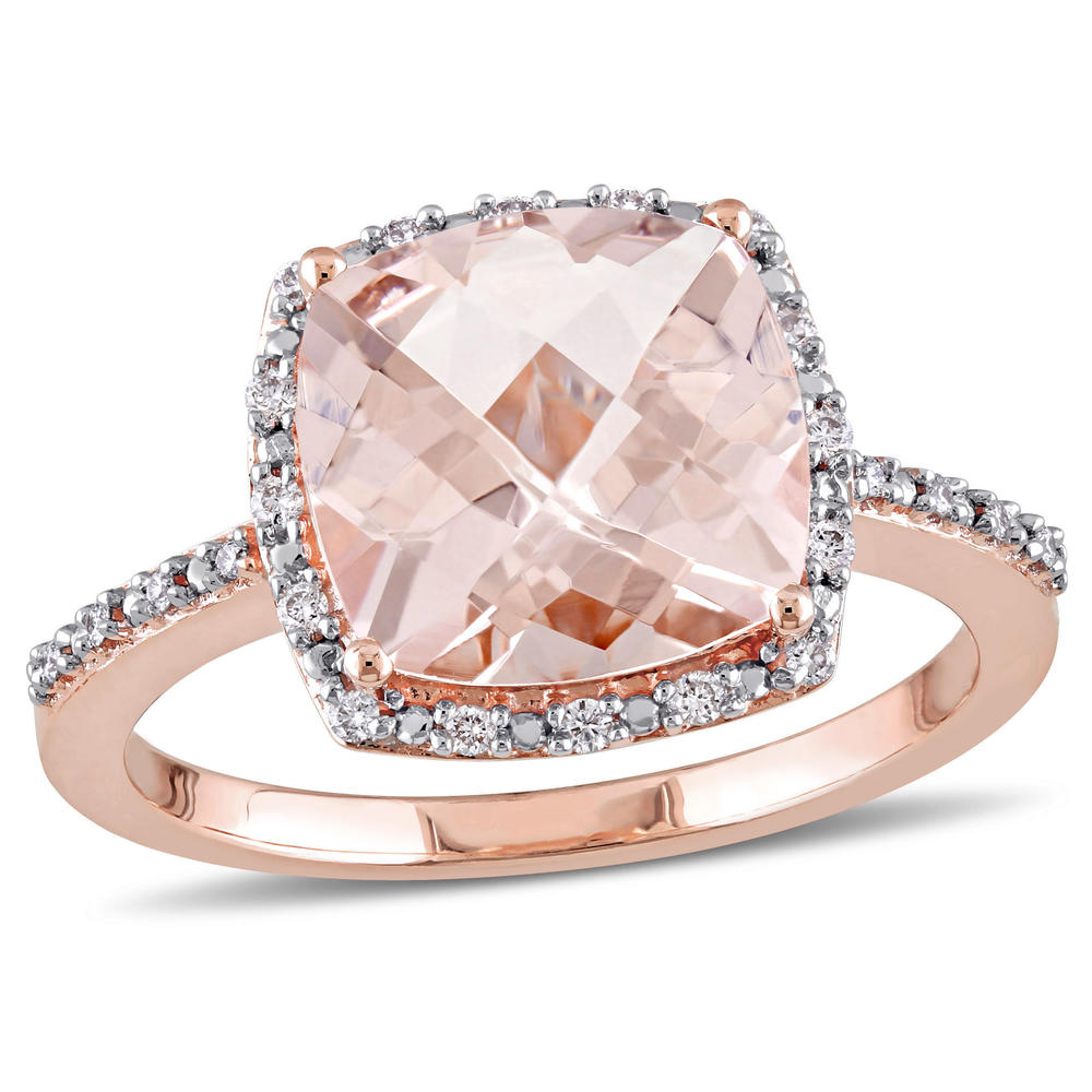 Diamore Morganite and 1/10 CTTW Diamond Halo Engagement Ring in 14k Rose Gold