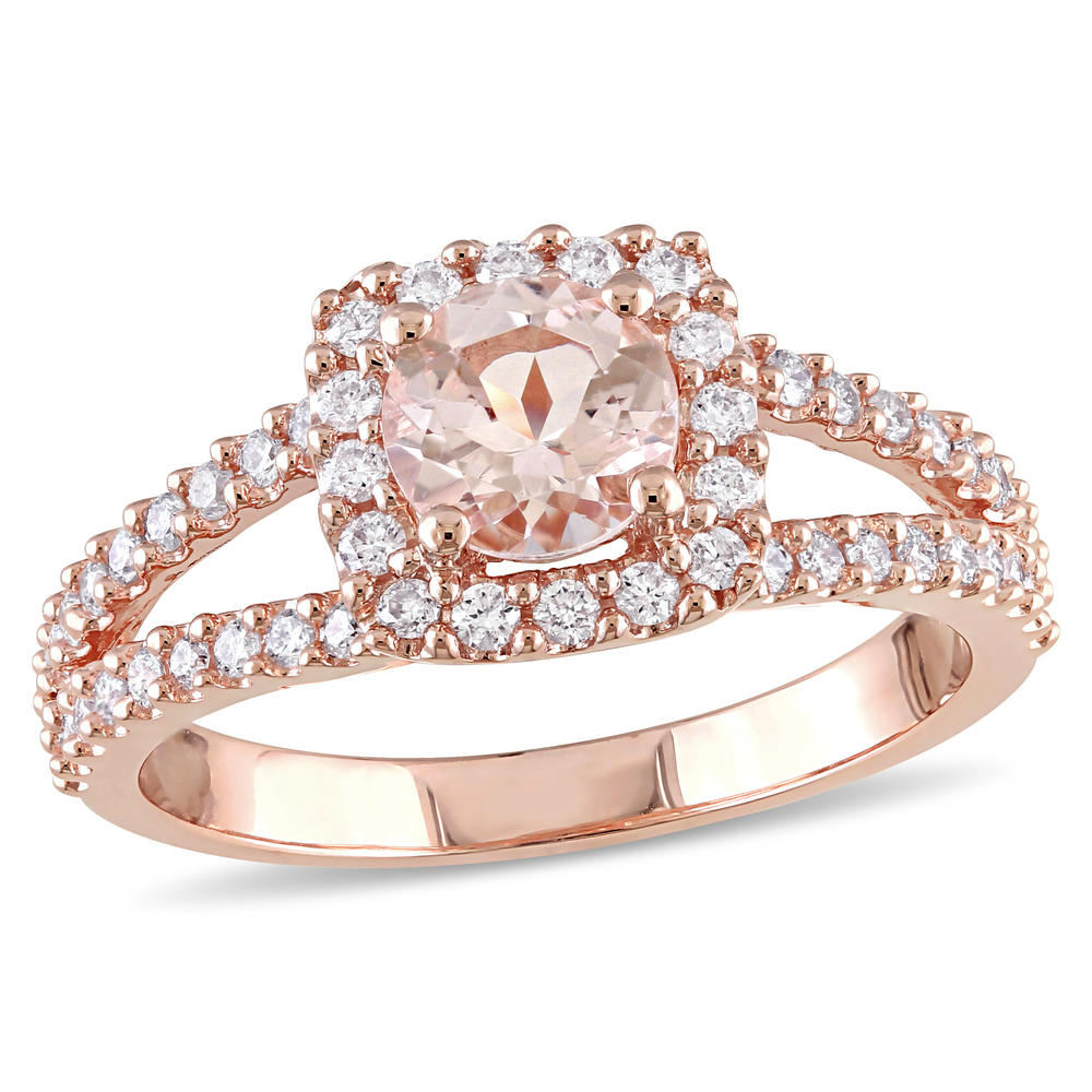 Diamore Morganite and 1/2 CTTW Diamond Halo Split Shank Engagement Ring in 14k Rose Gold