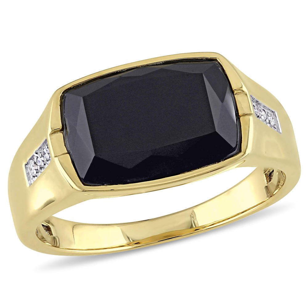 Diamore Black Onyx and Diamond-Accent Men's Ring in Yellow Plated Sterling Silver