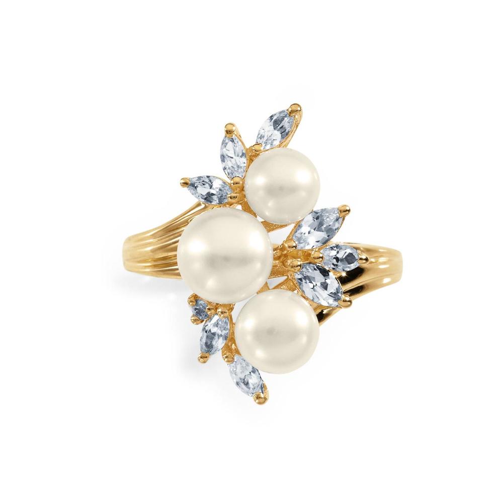 Freshwater Pearl & Lab Created White Sapphire Yellow Gold Over Sterling Silver Bypass Ring - Size 7 Only