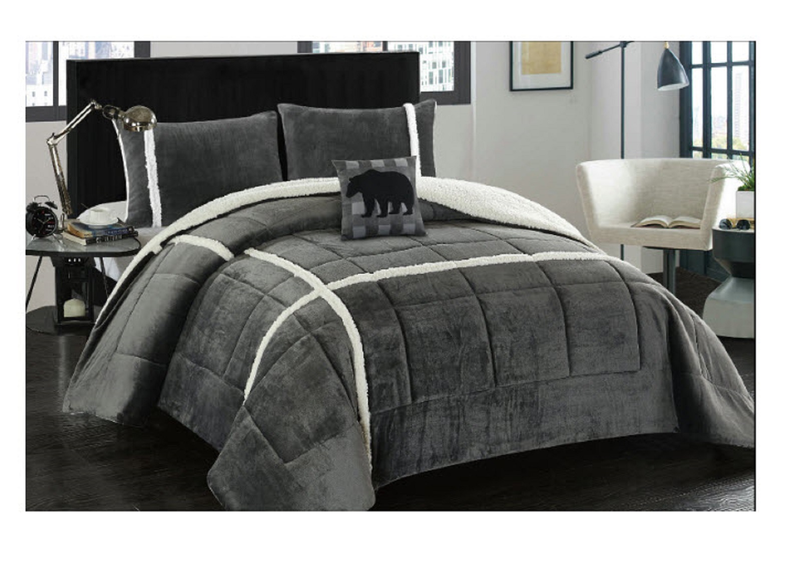 4pc. Sherpa Comforter Set - Solid Gray