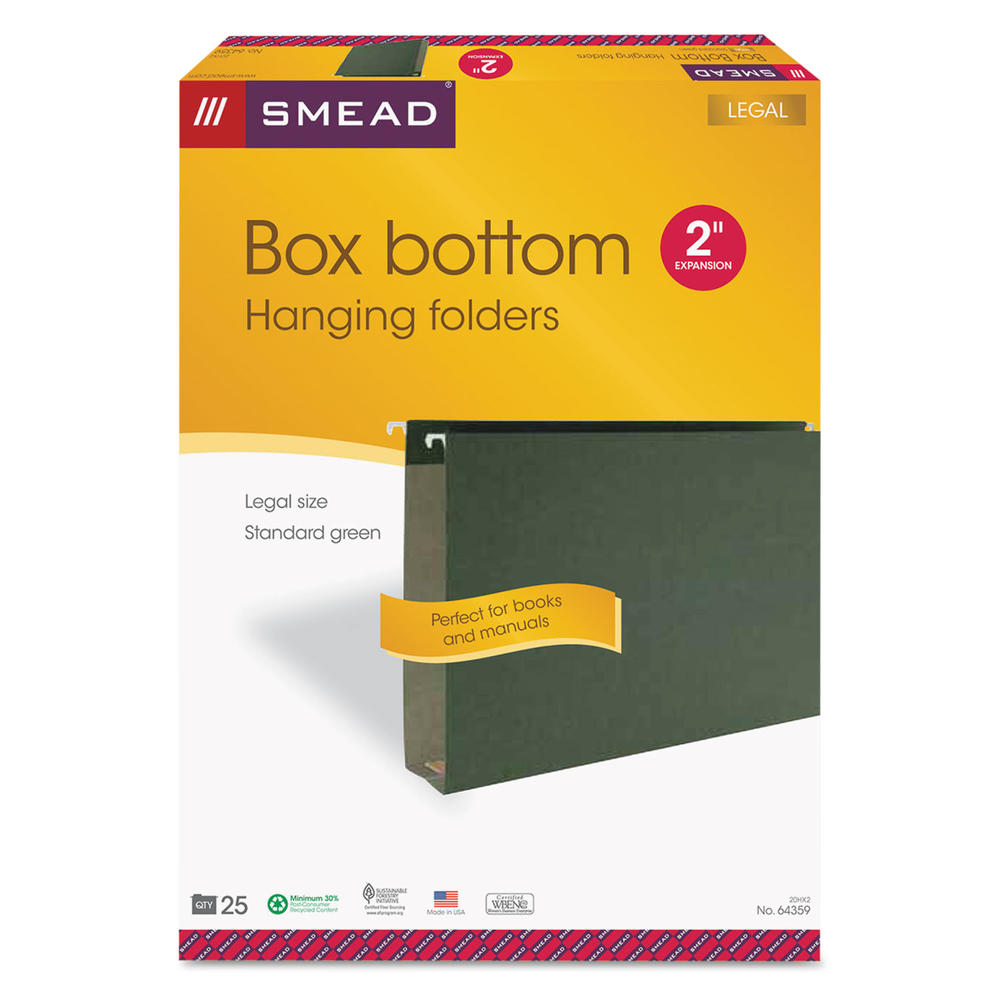 Smead SMD64359 Two Inch Capacity Box Bottom Hanging File Folders, Legal, Green, 25/Box