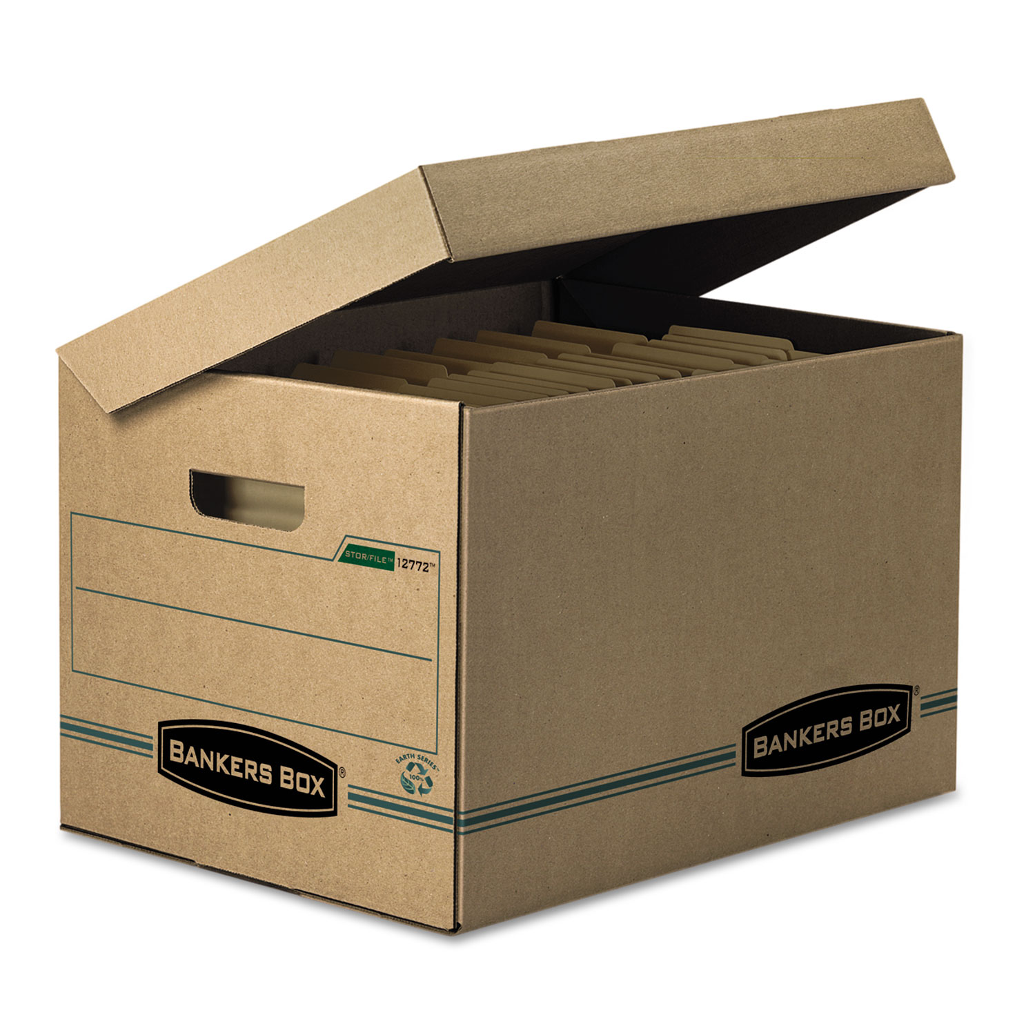 Bankers Box FEL12772 STOR/FILE Storage Box, Letter/Legal, Attached Lid, Kraft/Green, 12/Carton