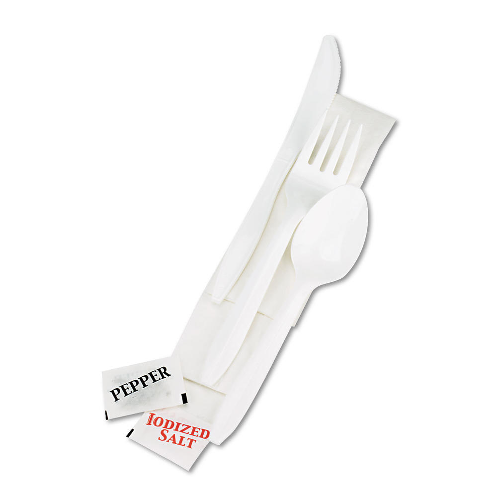 Boardwalk BWK6KITMW Cutlery Kit, Plastic Fork/Spoon/Knife/Salt/Pepper/Napkin, White, 250/Carton