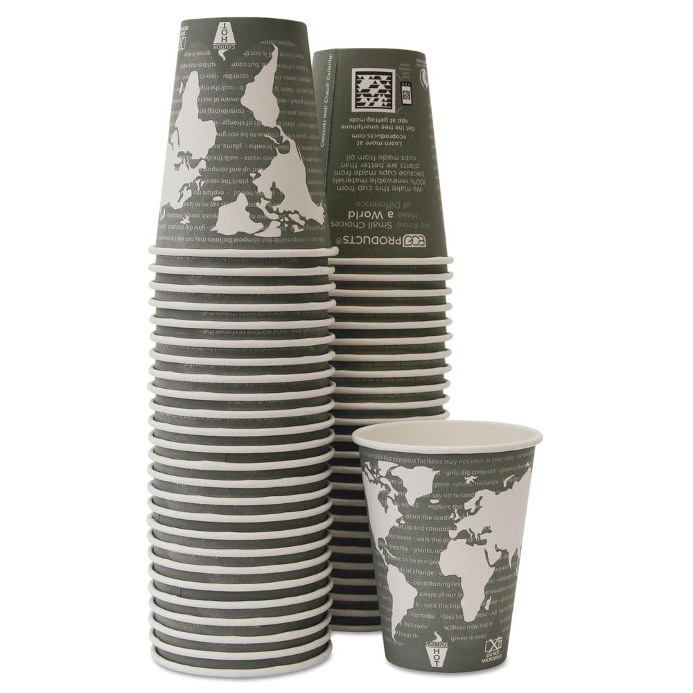 Eco-Products ECOEPBHC12WAPK World Art Renewable/Compostable Hot Cups, 12 oz, Gray, 50/Pack