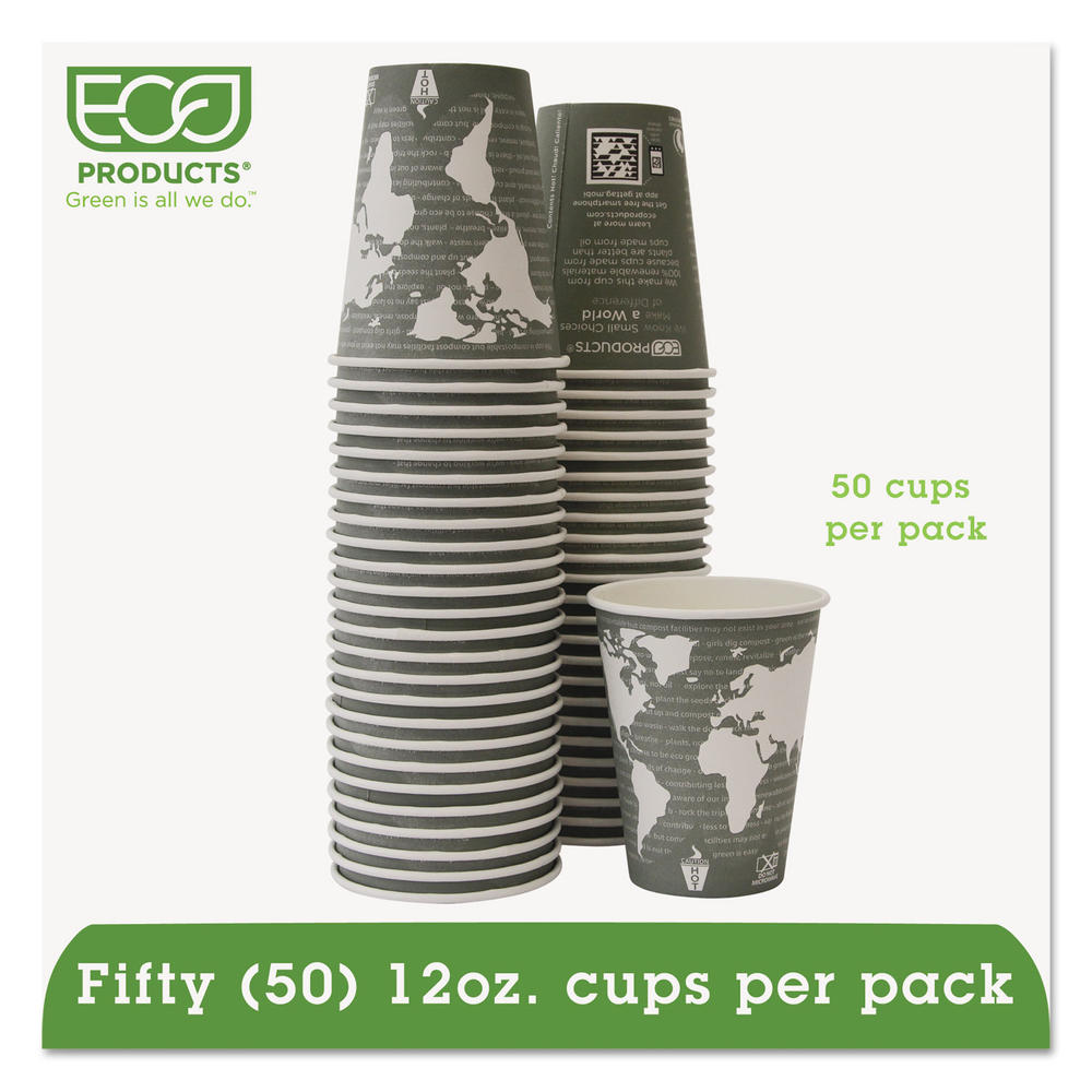 Eco-Products ECOEPBHC12WAPK World Art Renewable/Compostable Hot Cups, 12 oz, Gray, 50/Pack