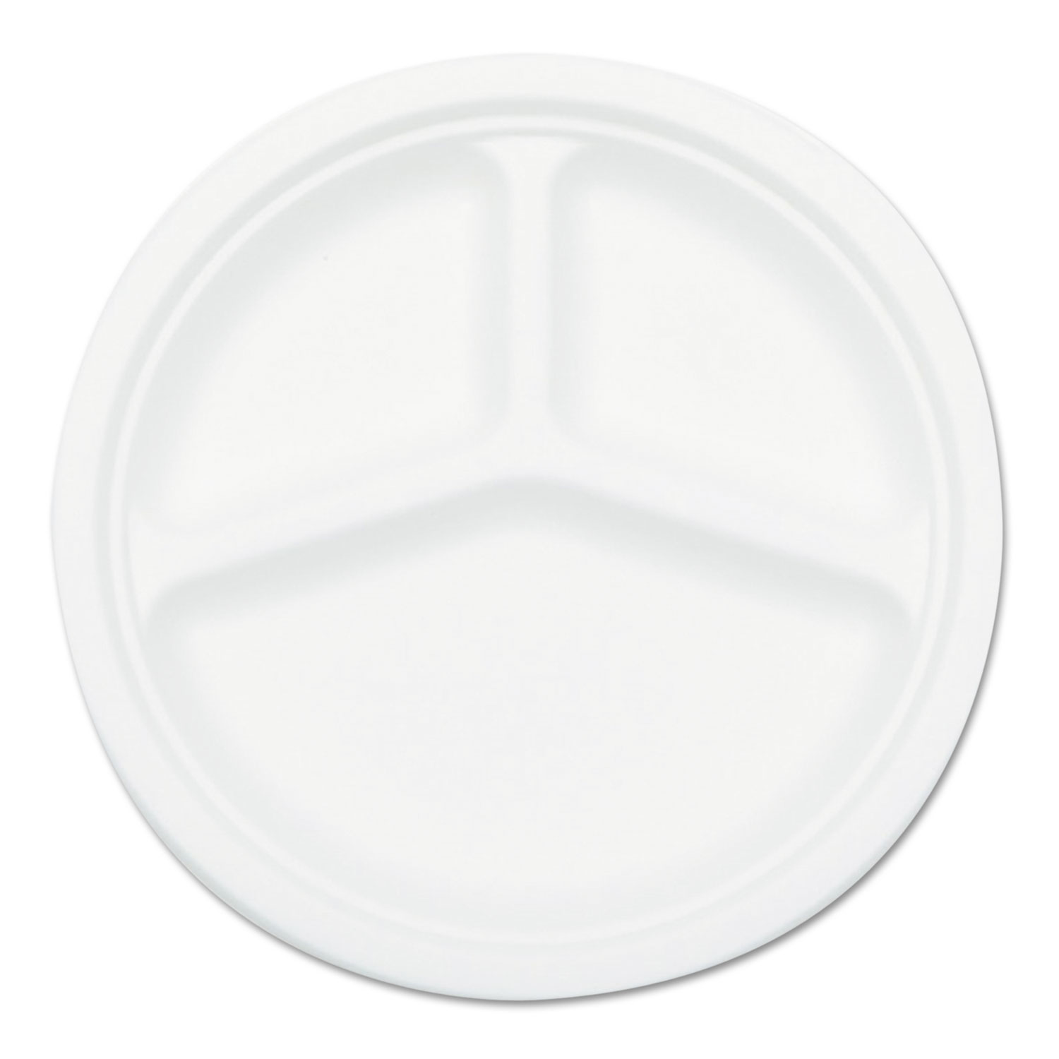 Savannah Supplies Inc. SVAP007 NatureHouse Compostable Sugarcane Bagasse 10 in 3-Compartment Plate, Round, White, 50/Pack