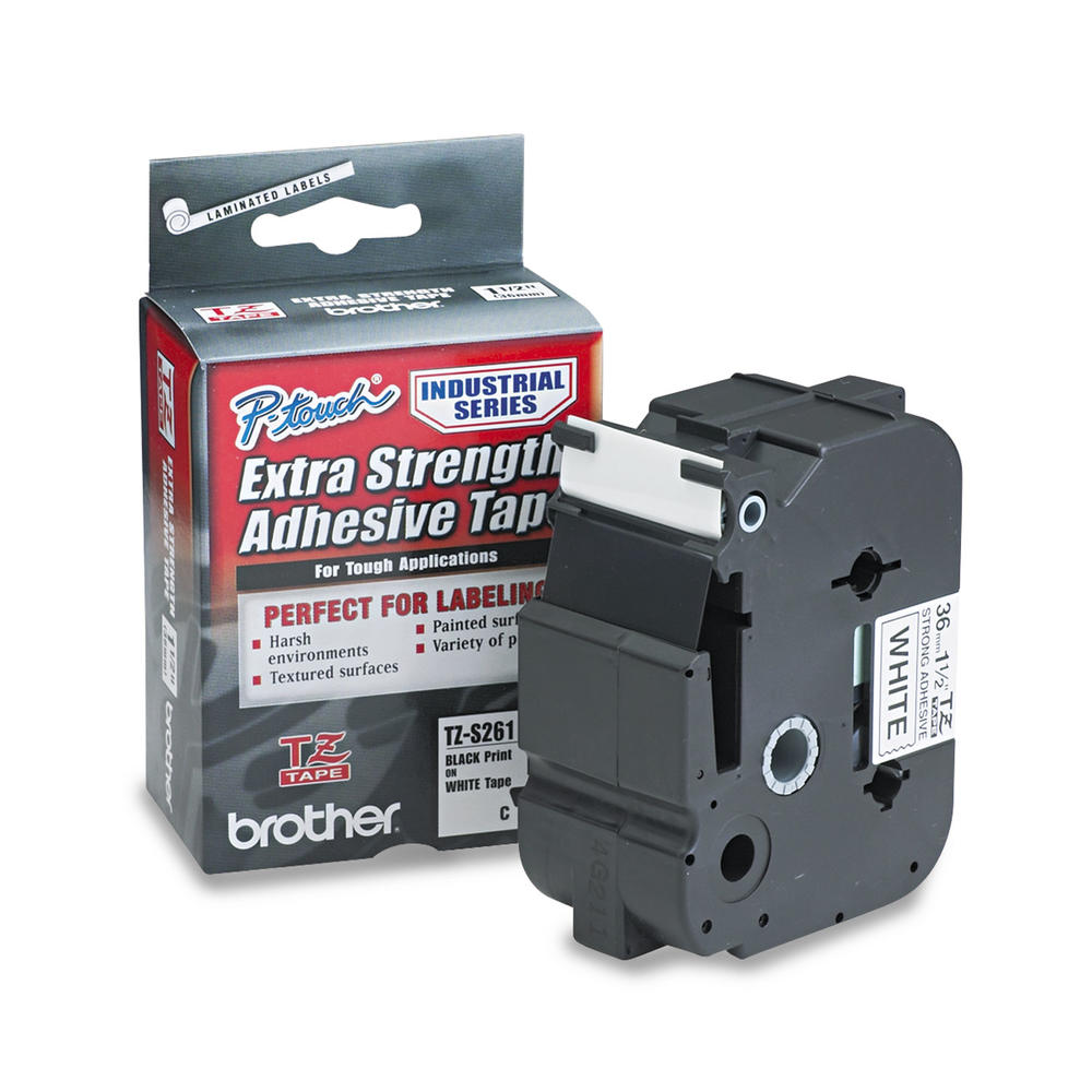Brother BRTTZES261 P-Touch TZ Extra-Strength Adhesive Laminated Labeling Tape, 1-1/2"w, Black on White