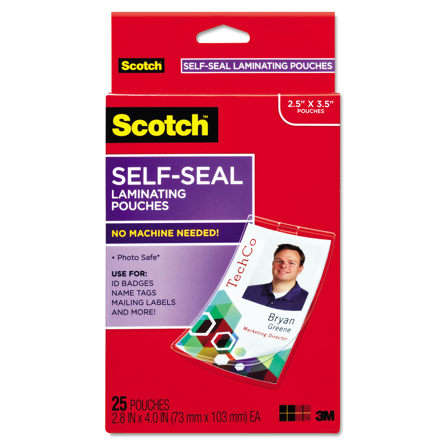 Scotch MMMLS852G SelfSealing Laminating Pouches w/Clip, 12.5 mil, 2 15/16 x 4 1/16, 25/Pack