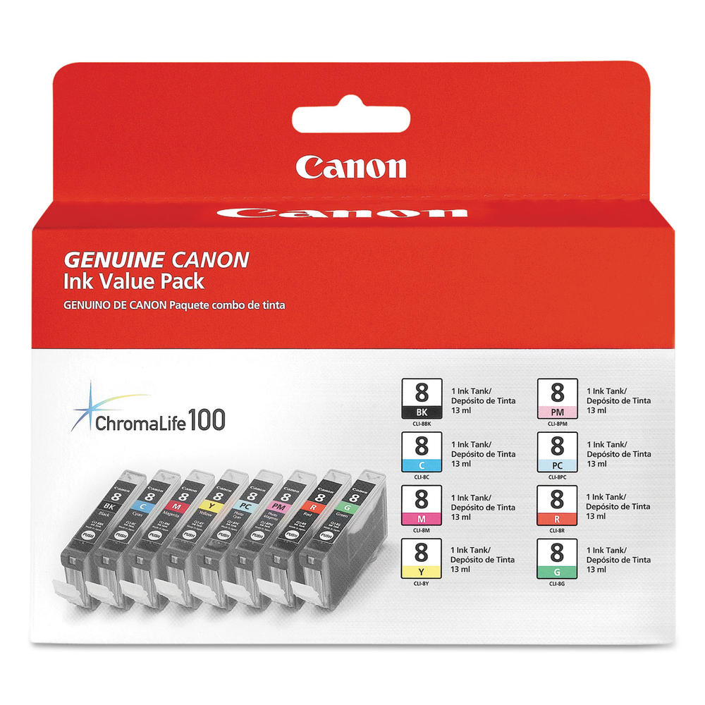 Canon CNM0620B015 0620B015 (CLI-8) ChromaLife100+ Ink, Assorted, 8/PK