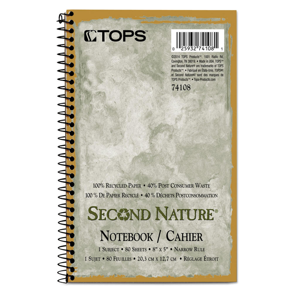 TOPS TOP74108 &#8482; Second Nature Subject Wirebound Notebook, Narrow, 8 x 5, White, 80 Sheets