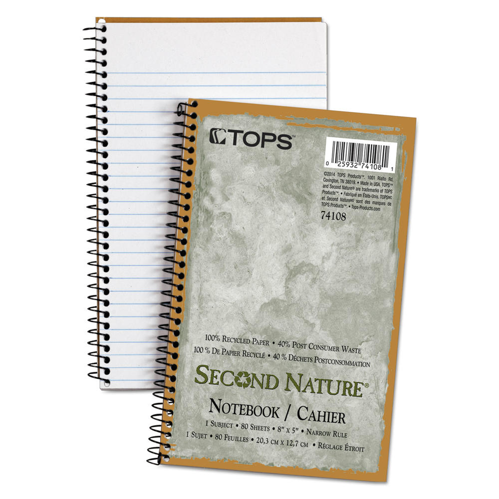 TOPS TOP74108 ™ Second Nature Subject Wirebound Notebook, Narrow, 8 x 5, White, 80 Sheets