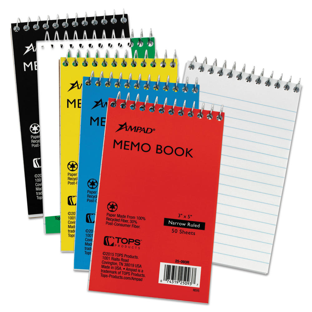 Ampad TOP25093  Wirebound Pocket Memo Book, Narrow, 5 x 3, White, 50 Sheets