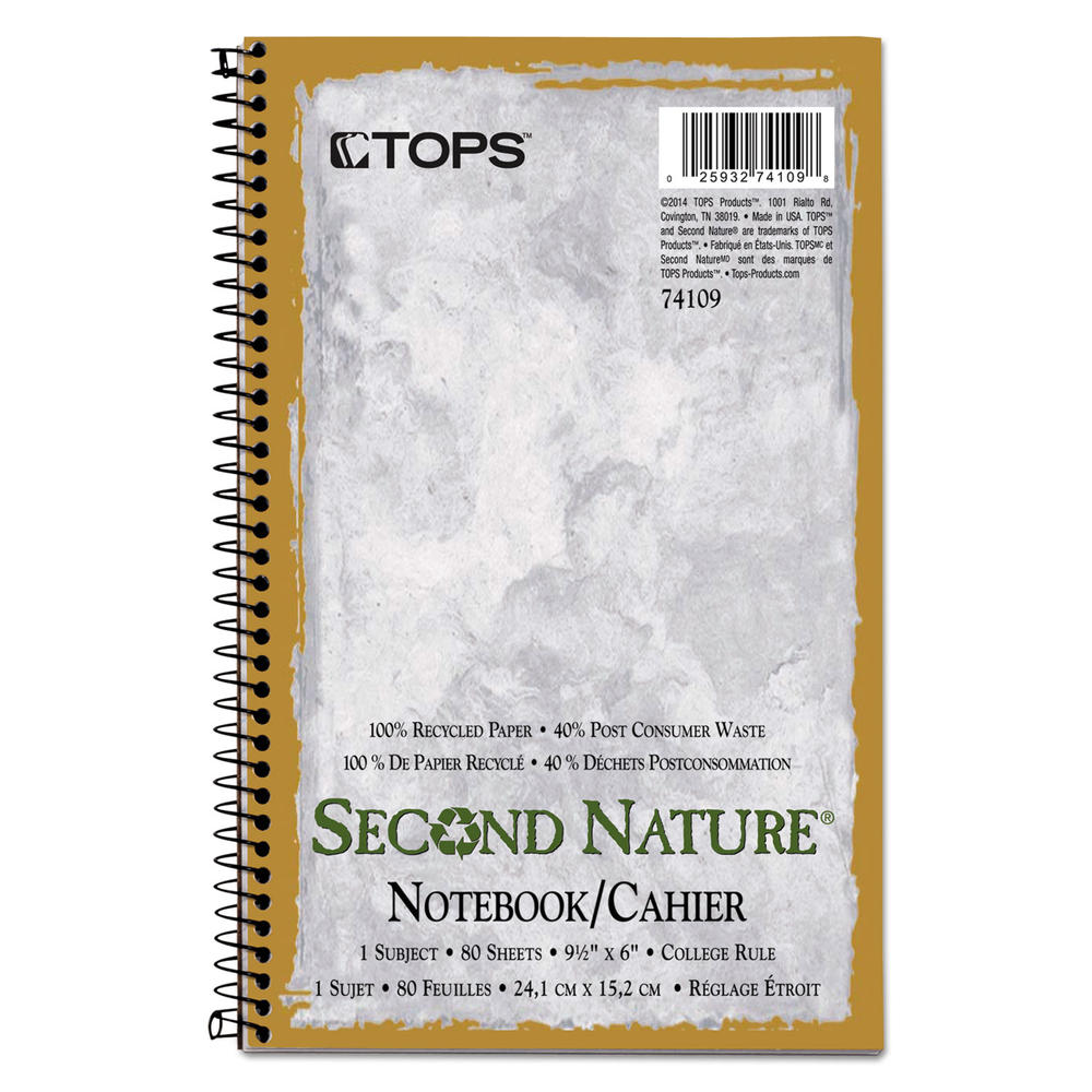 TOPS TOP74109 &#8482; Second Nature Subject Wire Notebook, College/Medium, 9 1/2 x 6, White, 80 Sheets