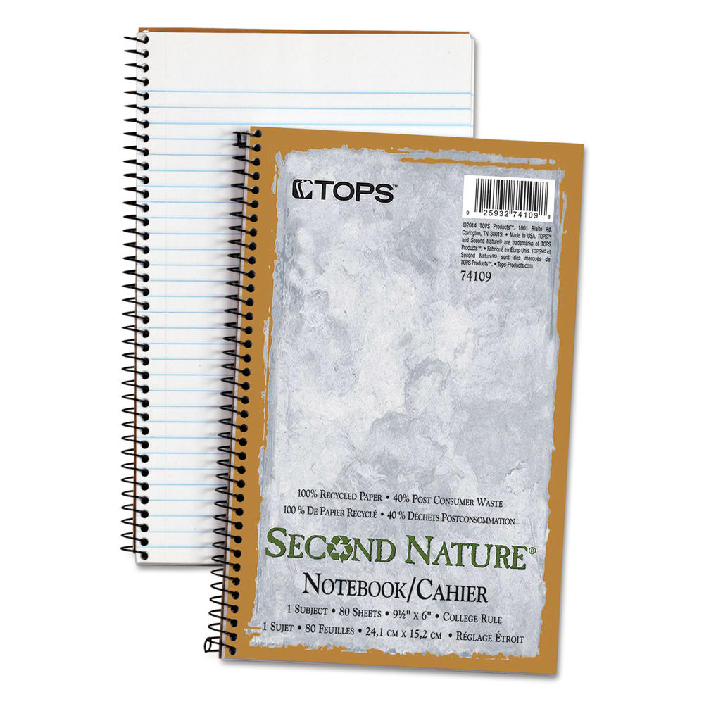 TOPS TOP74109 ™ Second Nature Subject Wire Notebook, College/Medium, 9 1/2 x 6, White, 80 Sheets