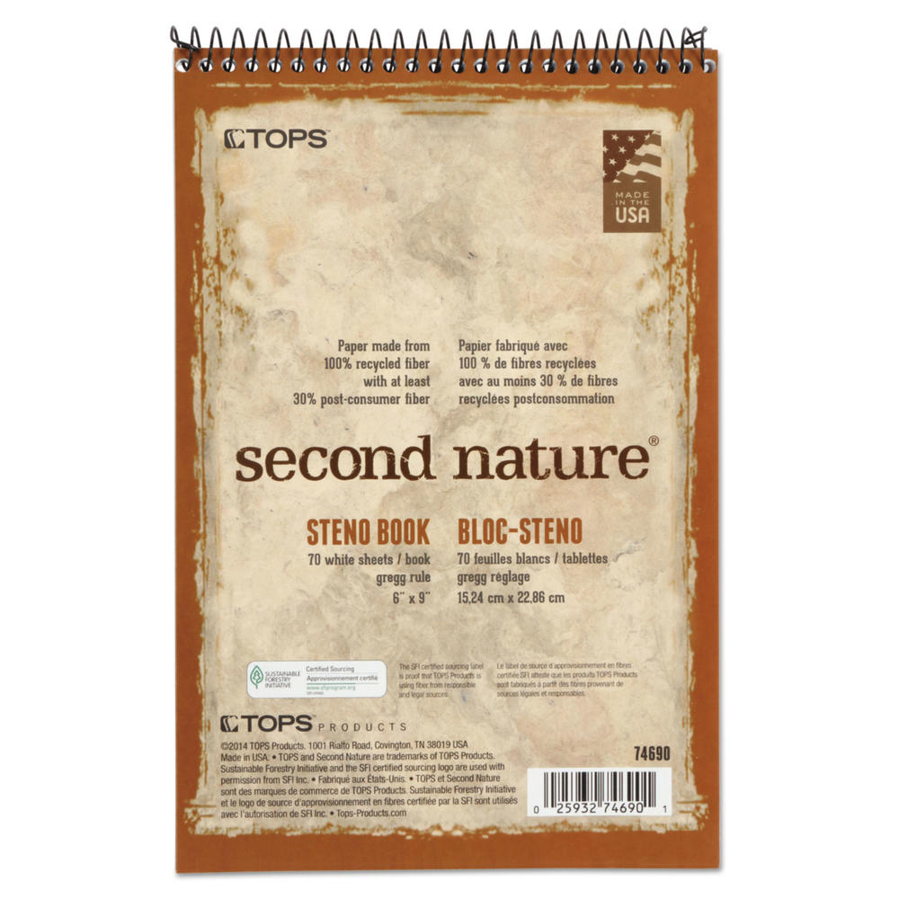TOPS TOP74690 ™ Second Nature Spiral Reporter/Steno Book, Gregg, 6 x 9, White, 70 Sheets
