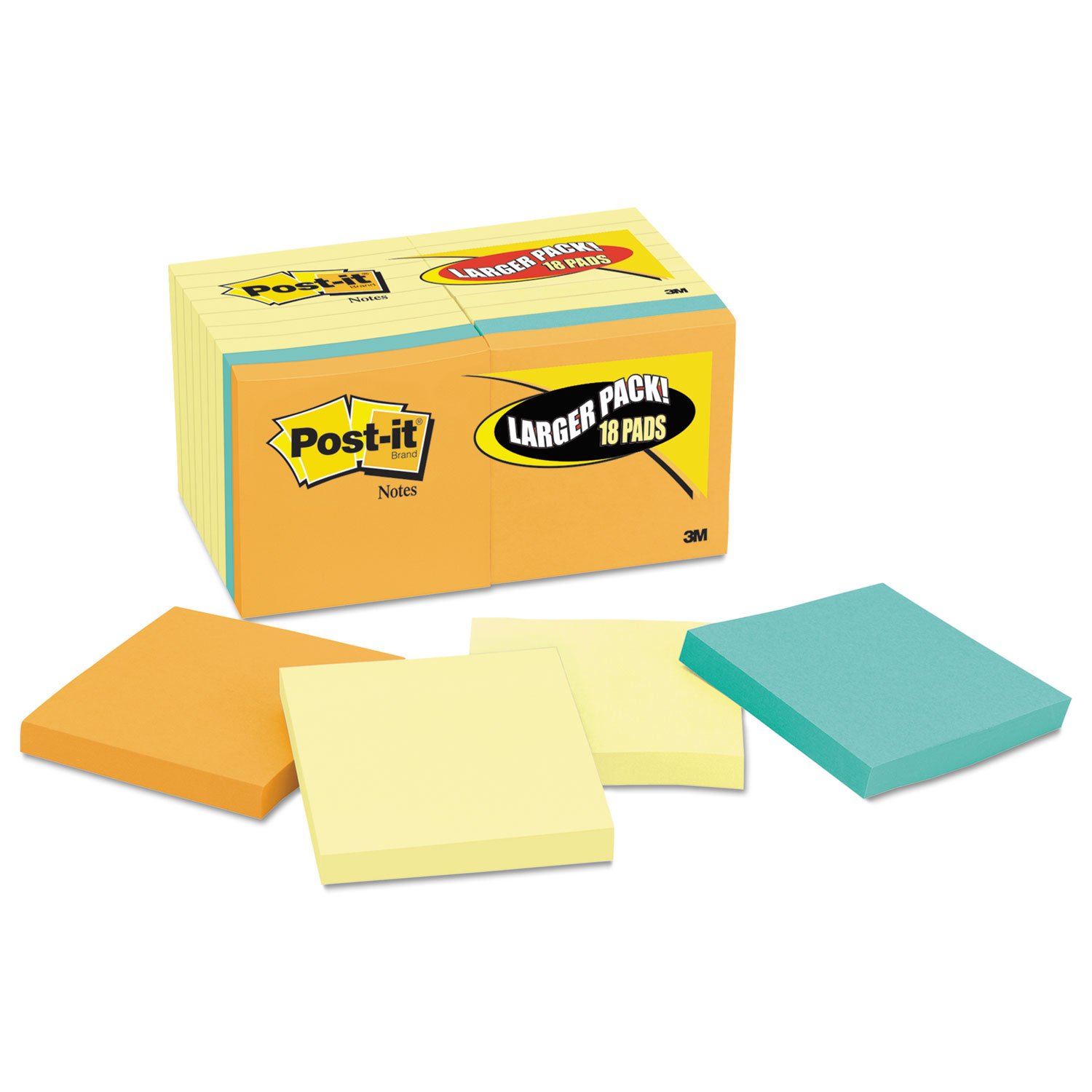 Post-it Notes MMM654144B Original Pads Value Pack, 3 x 3, Canary Yellow/Cape Town, 100-Sheet, 18 Pads