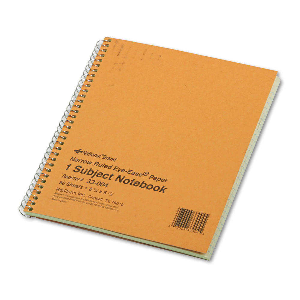 National RED33004  Subject Wirebound Notebook, Narrow Rule, 8 1/4 x 6 7/8, Green, 80 Sheets