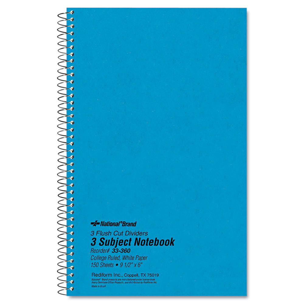National RED33360 3 Subject Wirebound Notebook, College Rule, 9 1/2 x 6, White, 150 Sheets