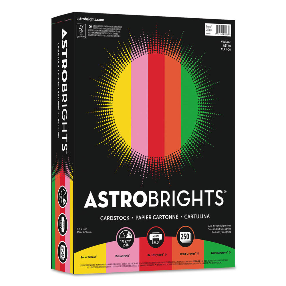 Astrobrights WAU21003 Color Cardstock, 65lb, 8 1/2 x 11, Assorted, 250 Sheets