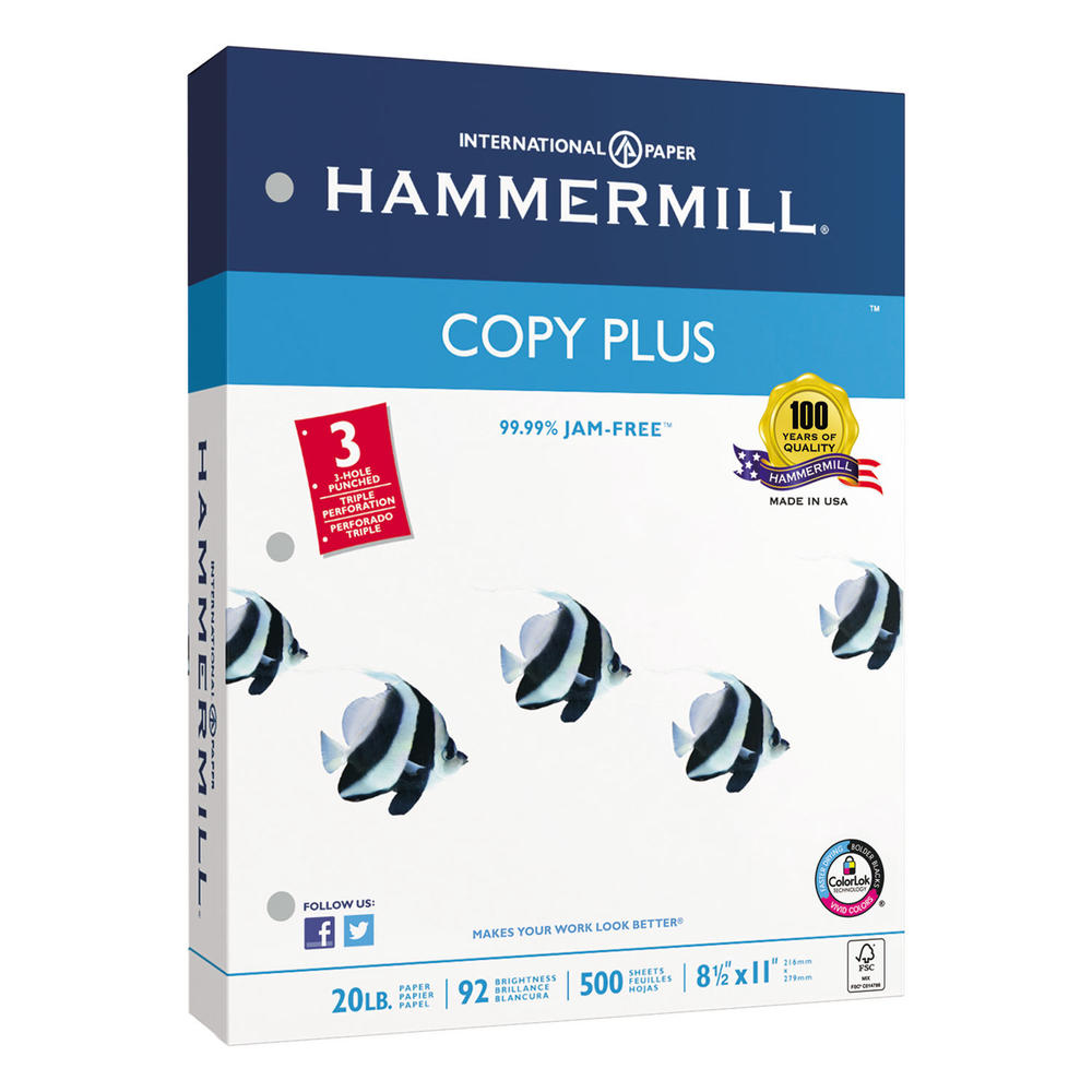 Hammermill HAM105031 Copy Plus Copy Paper, 3-Hole Punch, 92 Brightness, 20lb, Ltr, White, 500 Shts/Rm