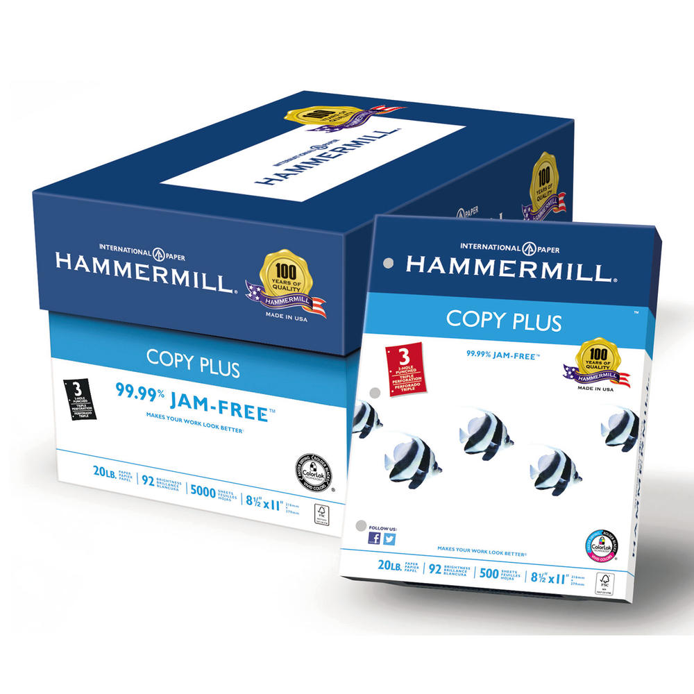 Hammermill HAM105031 Copy Plus Copy Paper, 3-Hole Punch, 92 Brightness, 20lb, Ltr, White, 500 Shts/Rm