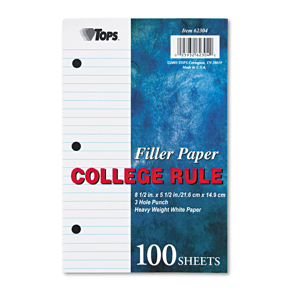 TOPS TOP62304 ™ Filler Paper, 3H, 20 lb, 5 1/2 x 8 1/2, College Rule, White, 100 Sheets/Pack